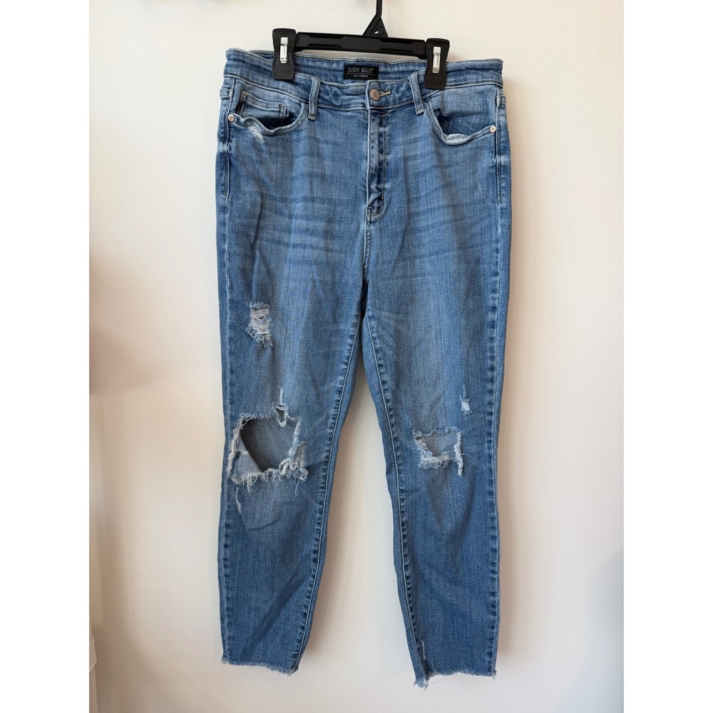 Judy Blue Distressed Skinny Jeans Medium Wash Raw Hem Size 13 31